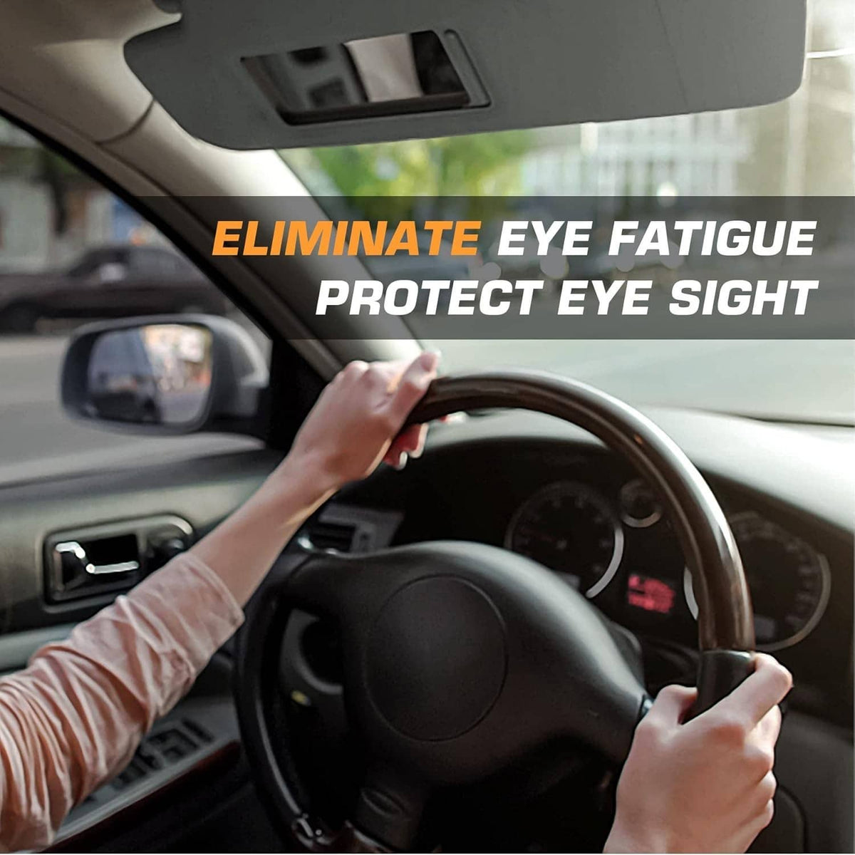 Gray sun visor edge near windshield in car interior view.