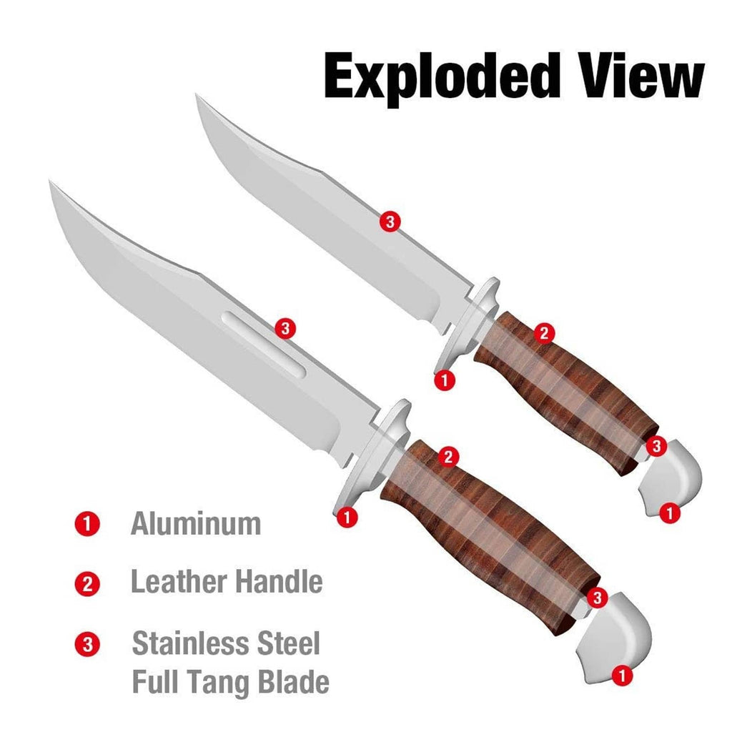 Two Bowie knives exploded view showing stainless full-tang blades and leather handle parts