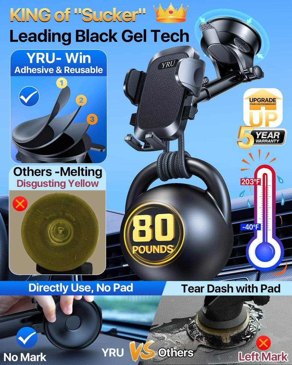 Black gel suction car phone holder mount with reusable adhesive pad and swivel arm