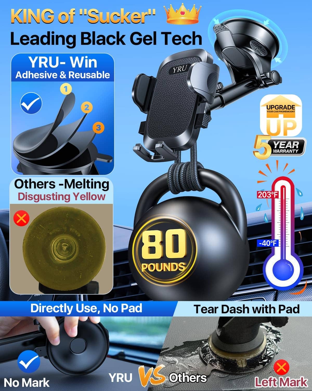 Black gel suction car phone holder mount with reusable adhesive pad and swivel arm