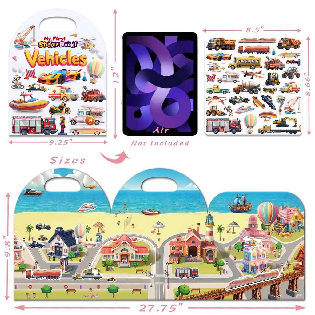 3 reusable Vehicles sticker books with size chart for play mat and pages, 34 stickers each