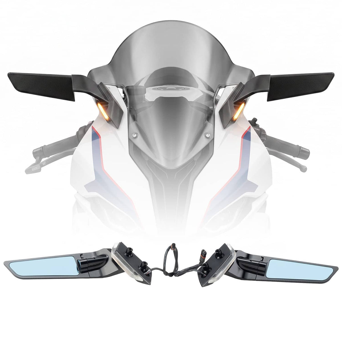 Motorcycle side view mirror set with wind deflectors and amber LED lights