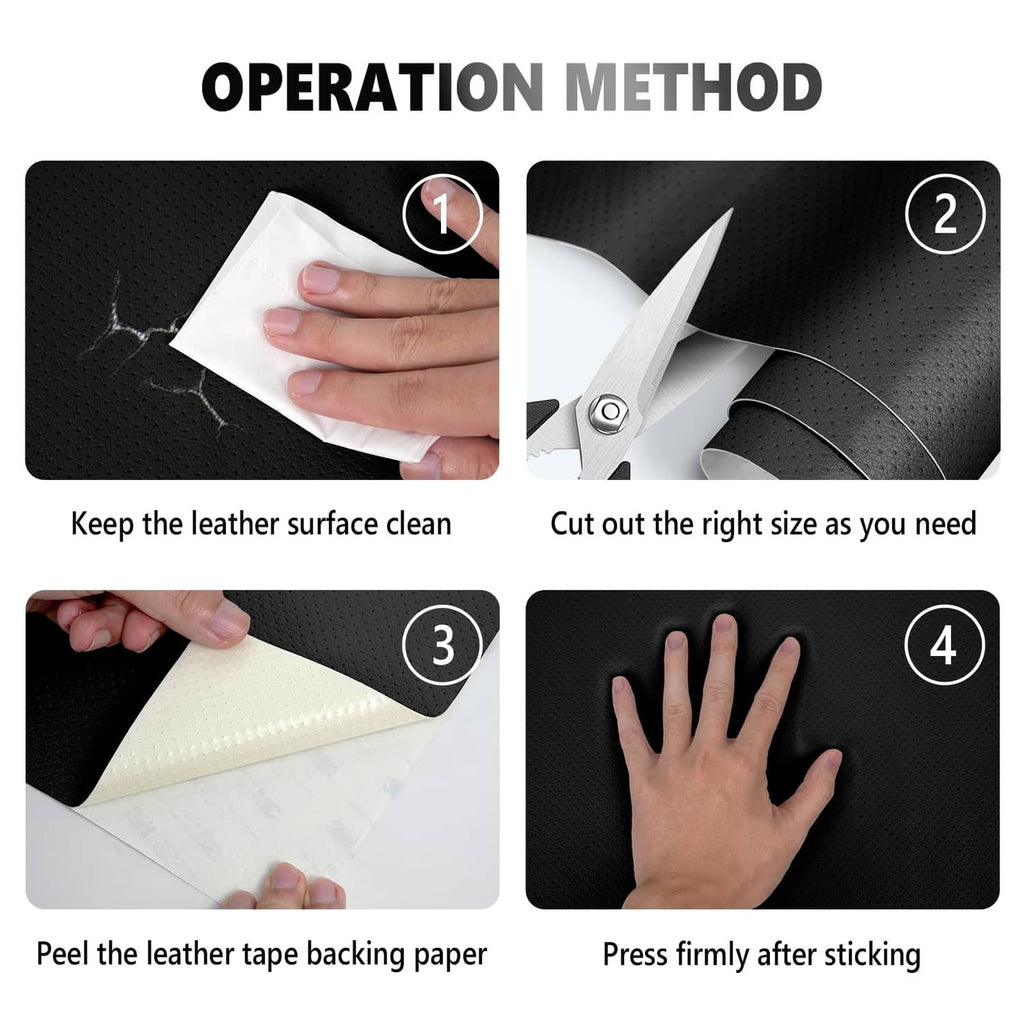 Self-adhesive leather repair patch being cut and peeled for sizing