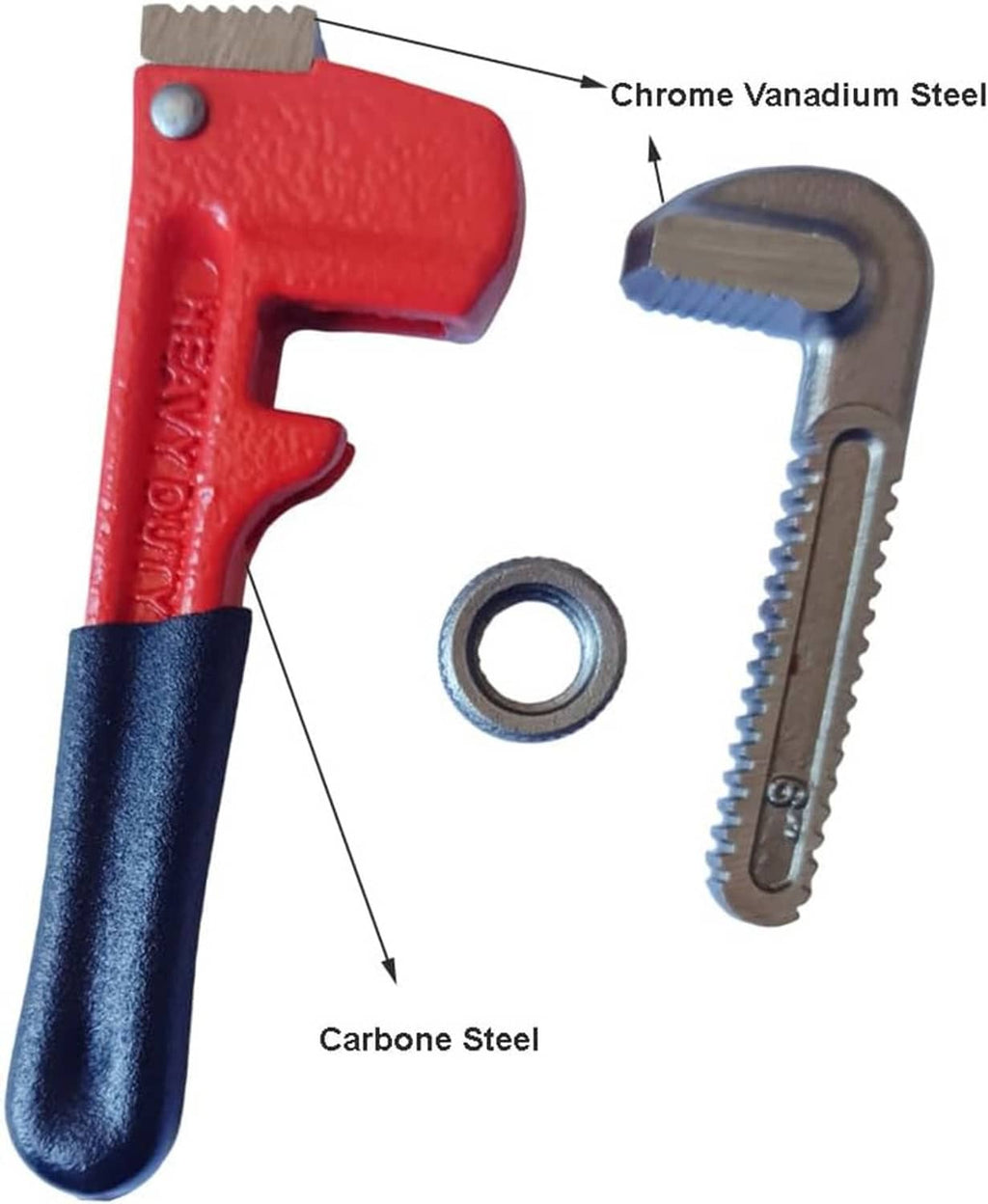 Mini pipe wrench and steel ring, red head with serrated adjustable jaws