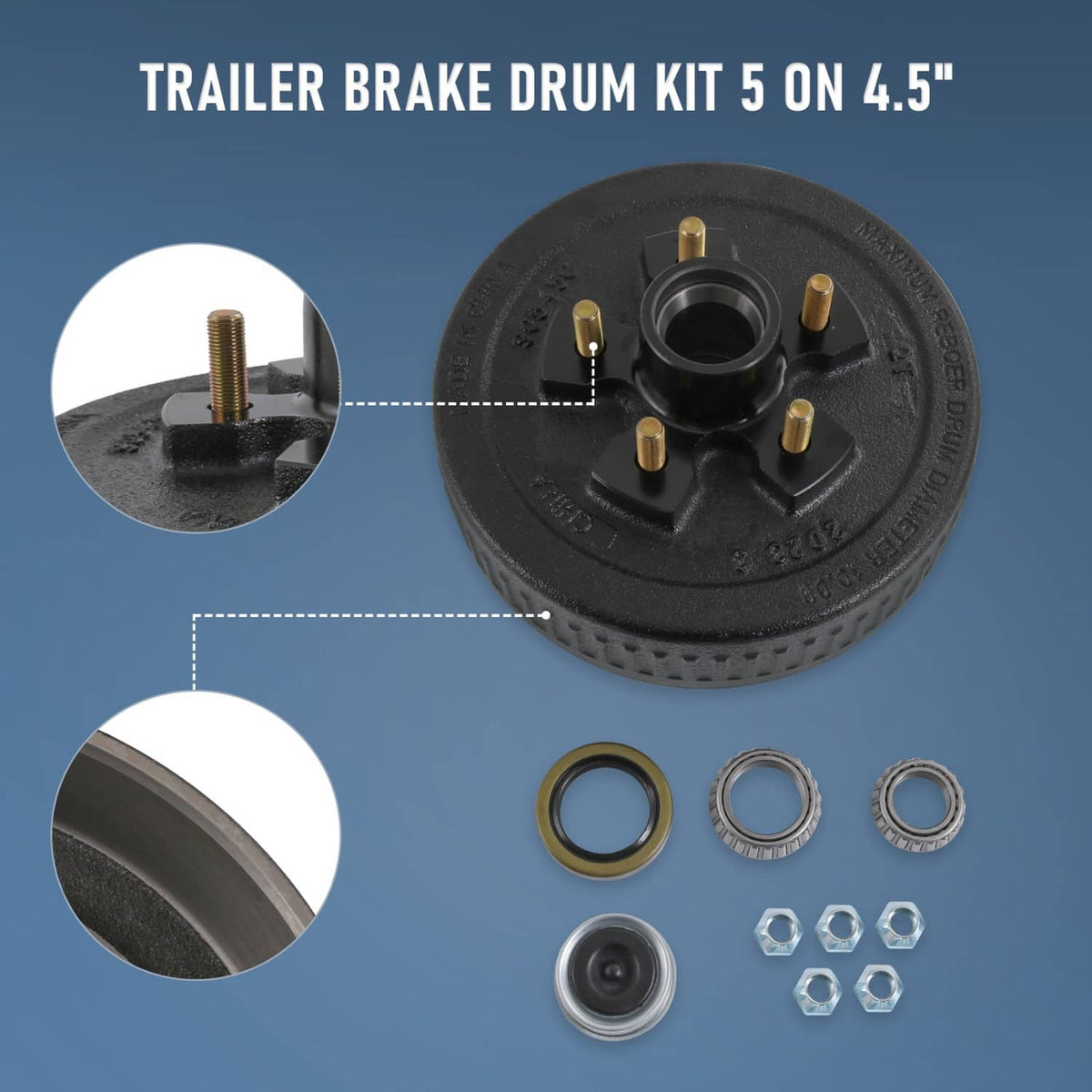 Trailer brake drum hub with bearings and grease seals, shown with included hardware