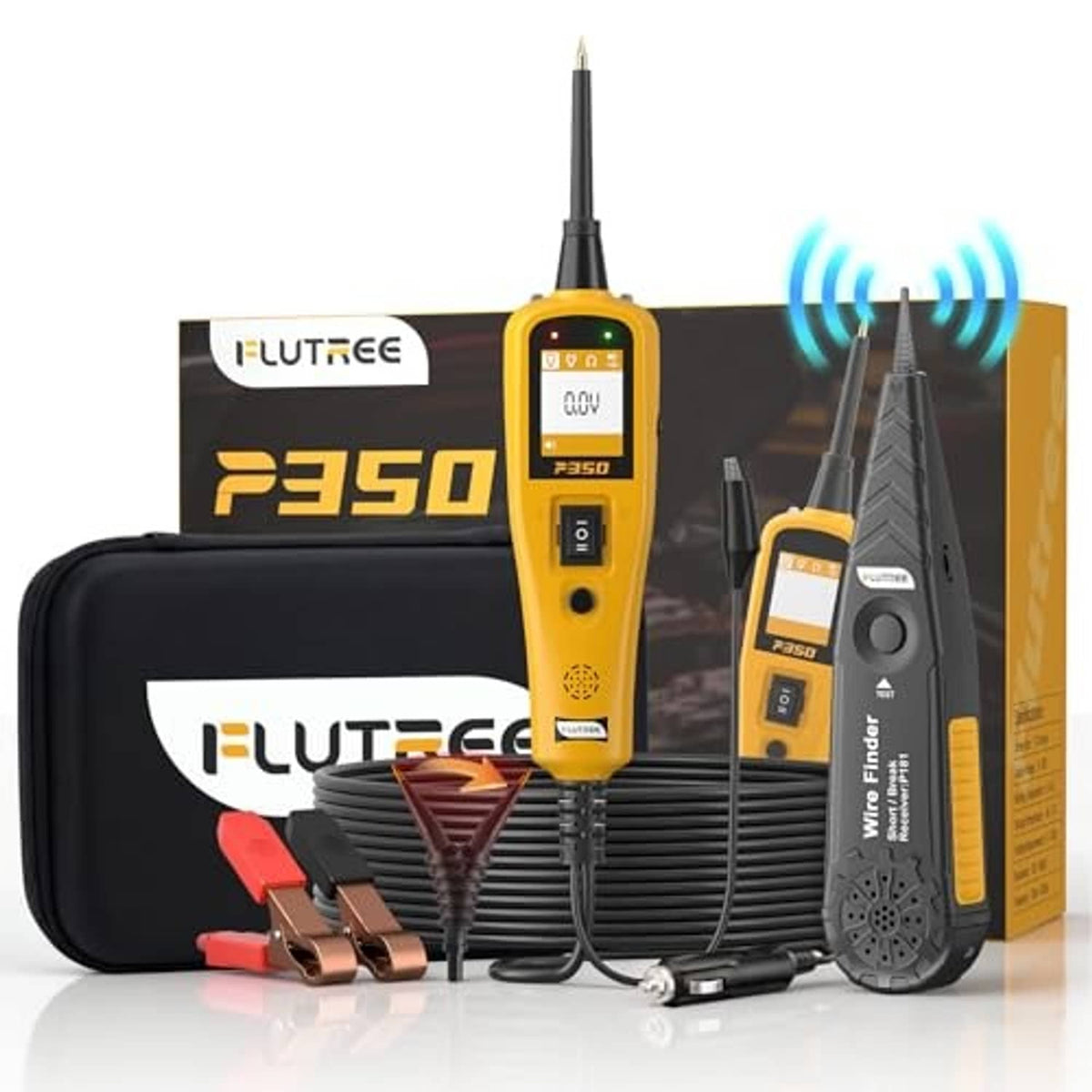 Power circuit probe tester with yellow handheld meter and bendable probe on stand