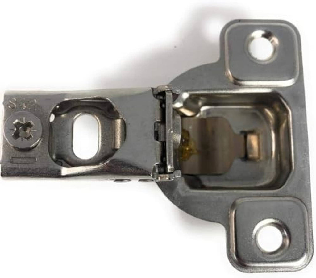 Nickel-plated metal overlay hinge with spring arm and mounting tabs