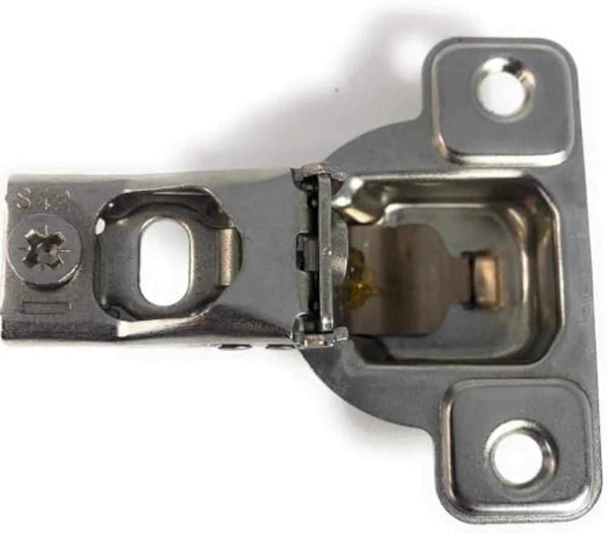 Nickel-plated metal overlay hinge with spring arm and mounting tabs