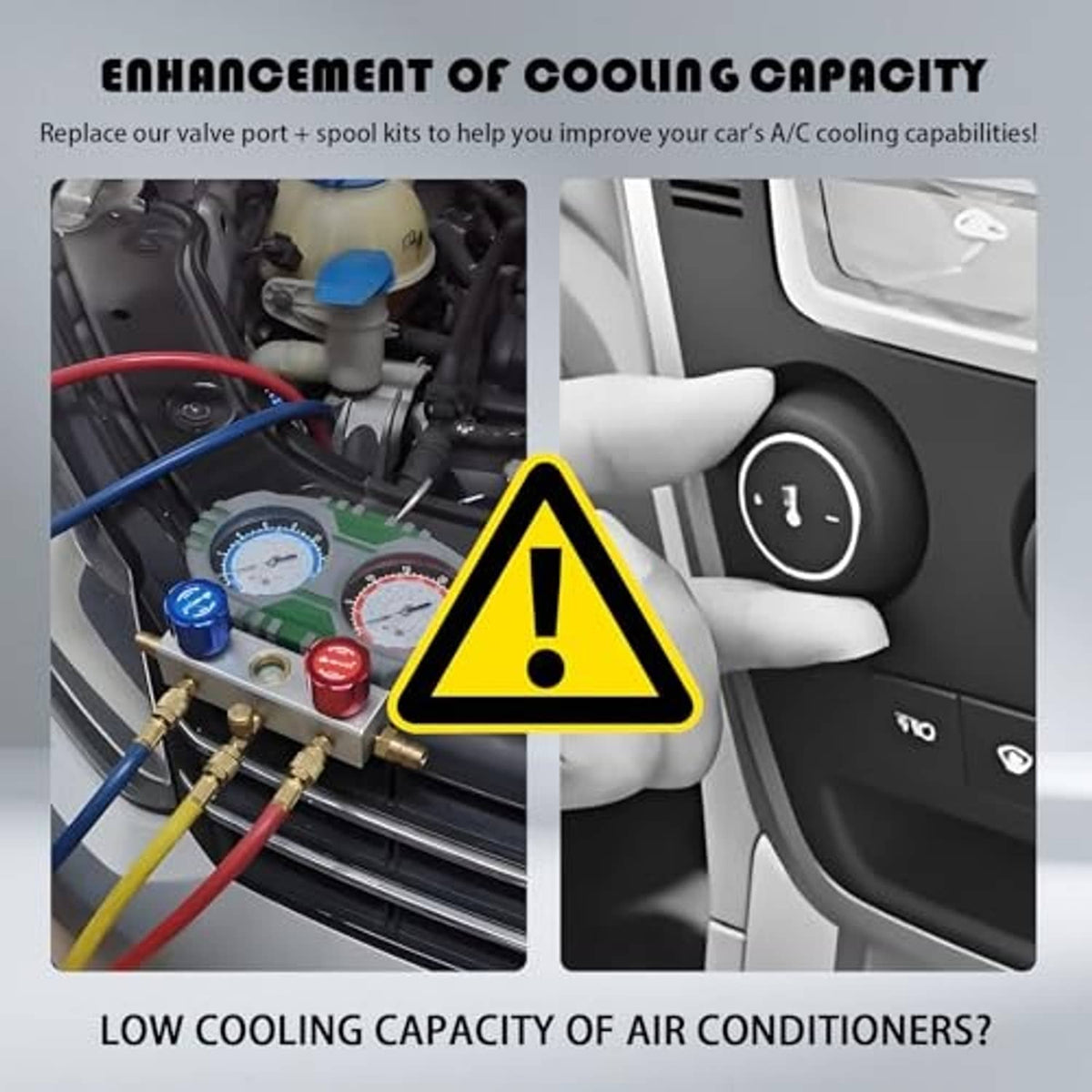 Automotive AC system refrigerant lines with caution symbol and temperature control knob