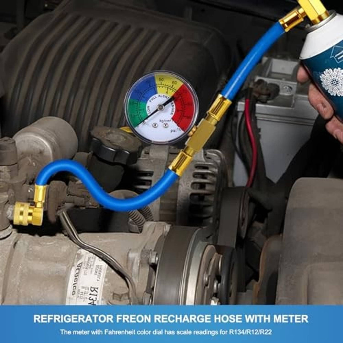 AC refrigerant charge hose with pressure gauge on engine parts, blue line