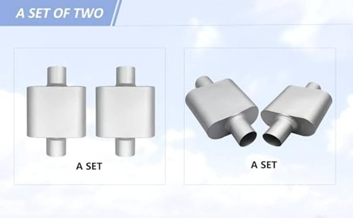 Aluminized steel muffler 2-pack shown front and angled views, with round inlet/outlet ends