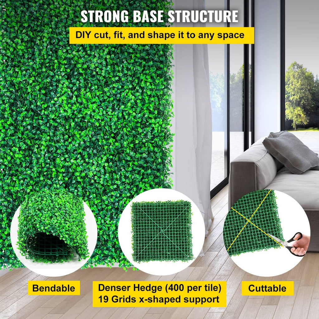 Artificial boxwood hedge panel with dense green foliage and grid backing, shaped to fit