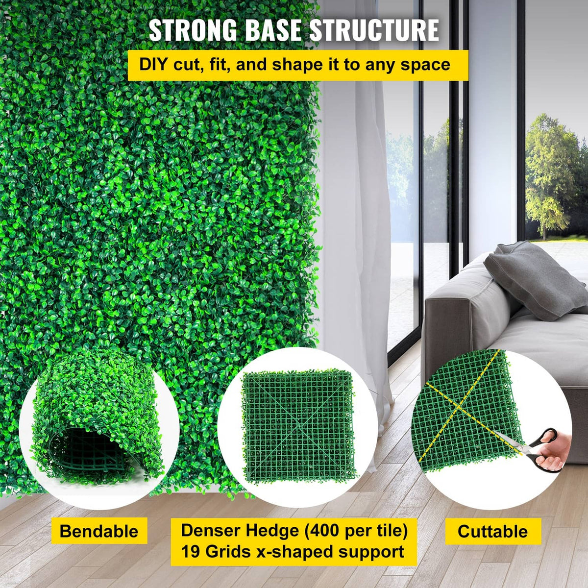 Artificial boxwood hedge panel with dense green foliage and grid backing, shaped to fit