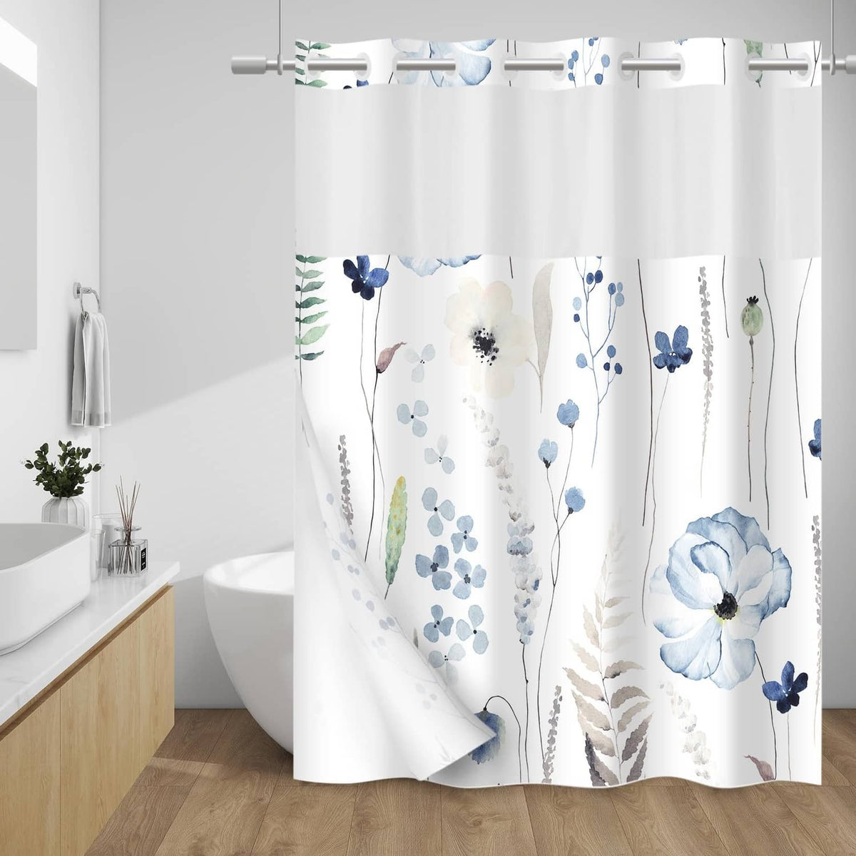 Floral shower curtain with snap-on top and blue flower pattern