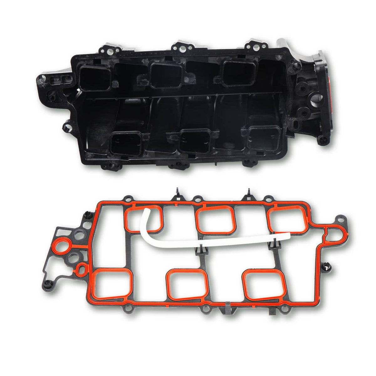 Black intake manifold housing and gasket with red perimeter and white gasket sections