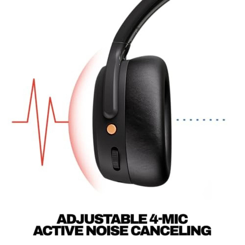 Black over-ear wireless headphones with side controls and small orange indicator light