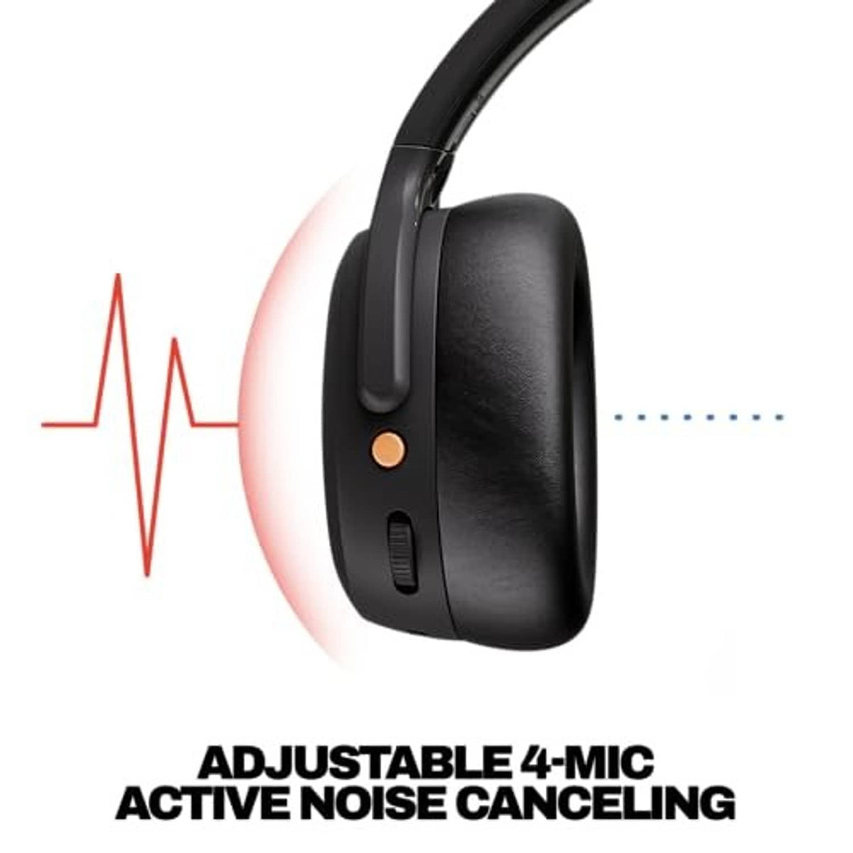 Black over-ear wireless headphones with side controls and small orange indicator light