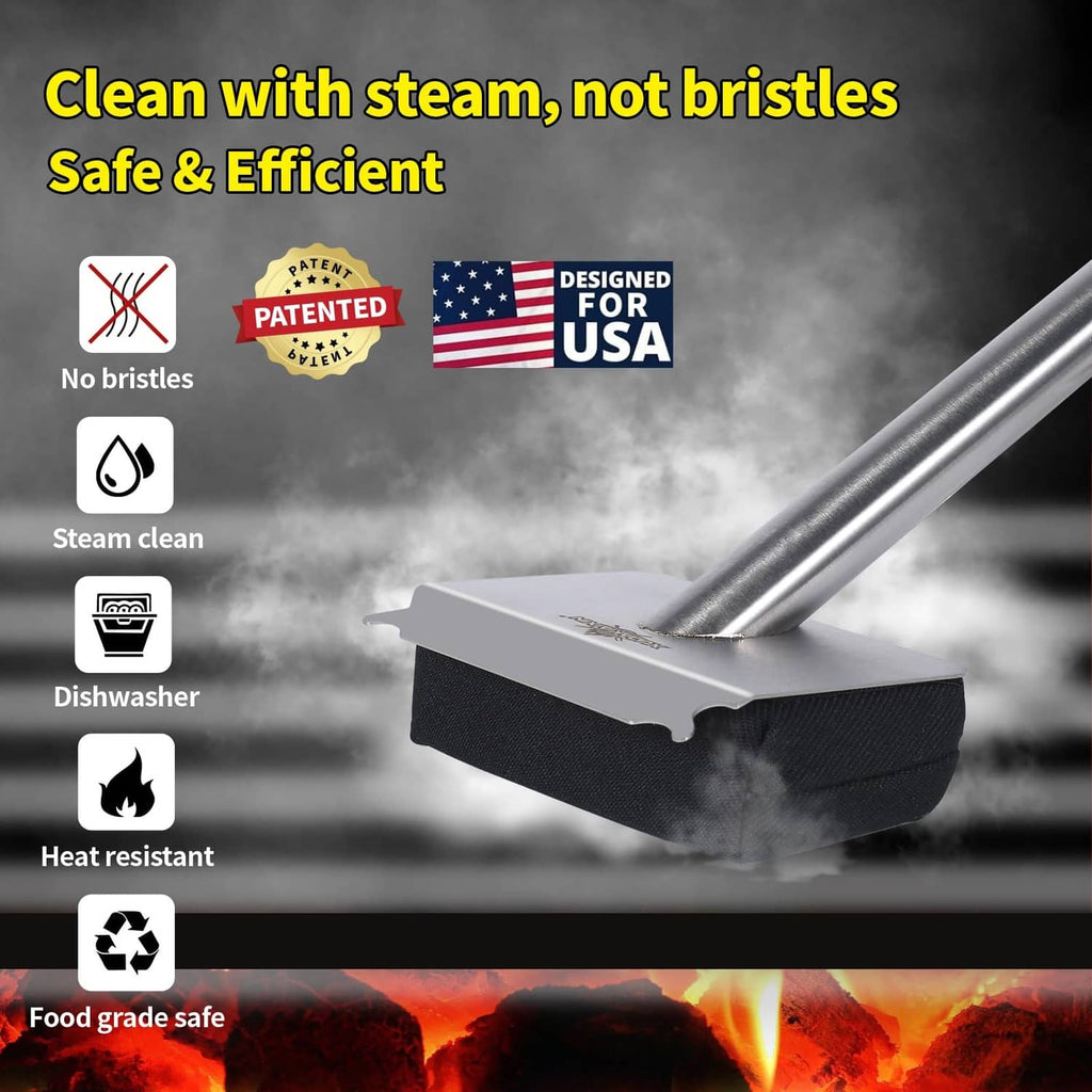 Steam grill brush with black pad head and long metal handle for grate cleaning