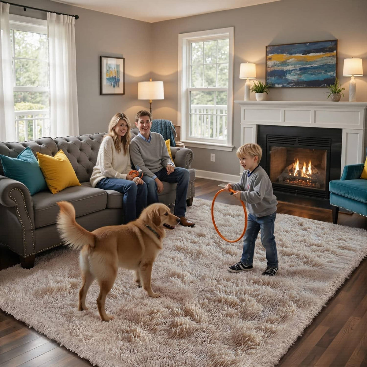 Beige long-pile shag area rug for cozy seating areas with fire place backdrop