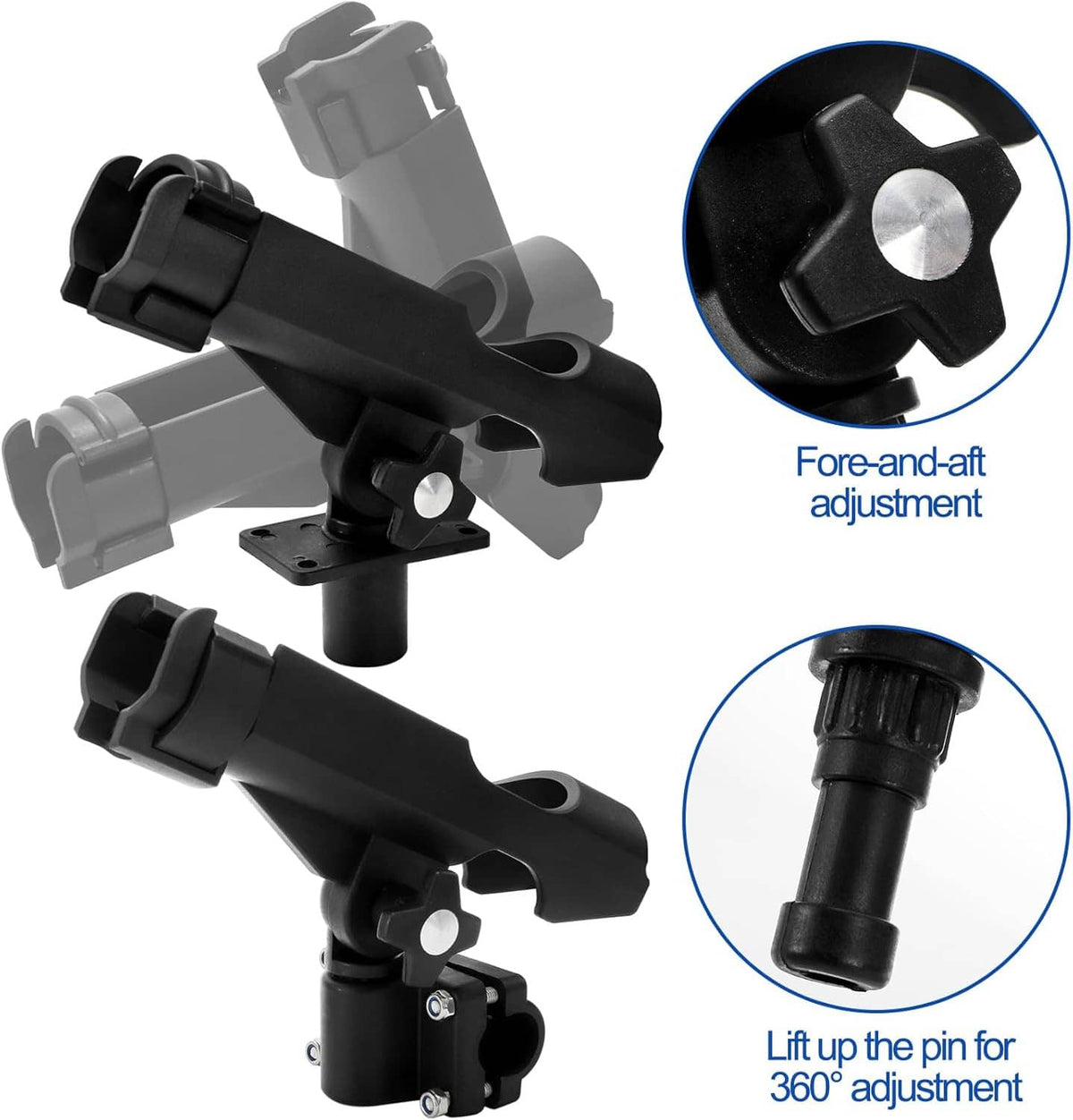 Black fishing rod holder pair with fore-and-aft adjustment and multi-purpose fixed base