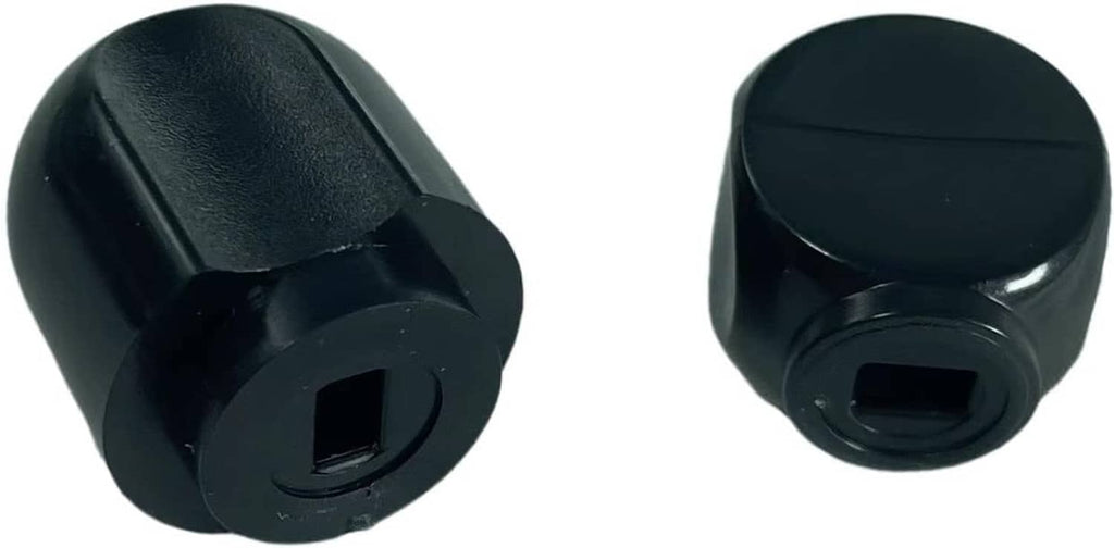 Pair of black stand mixer speed control knobs with lock lever profile and front socket