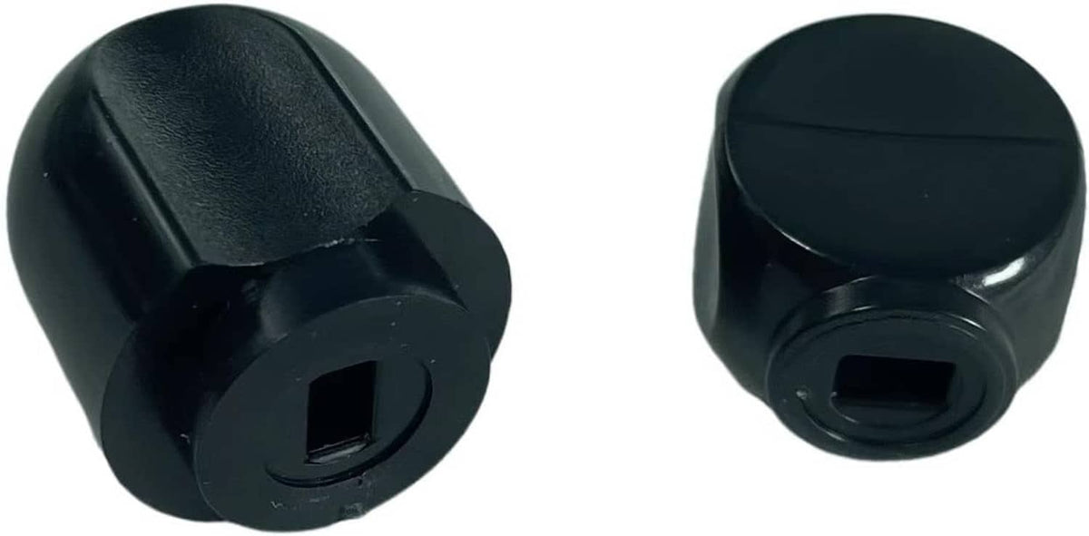 Pair of black stand mixer speed control knobs with lock lever profile and front socket