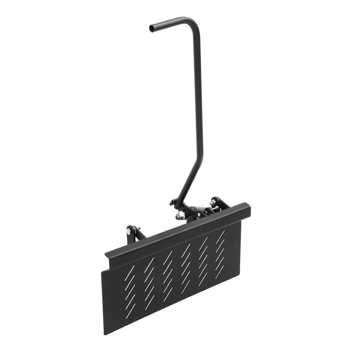Chute blocker shield with curved handle, shown from the side with mounting hardware