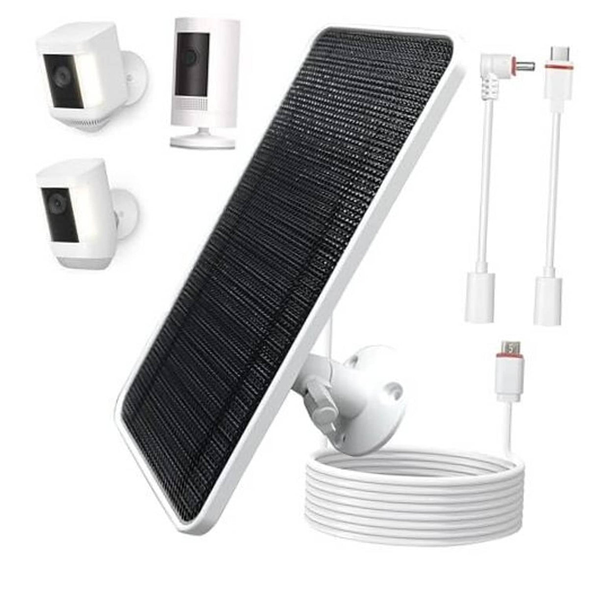 Solar panel for security camera with wall bracket and white cable connectors