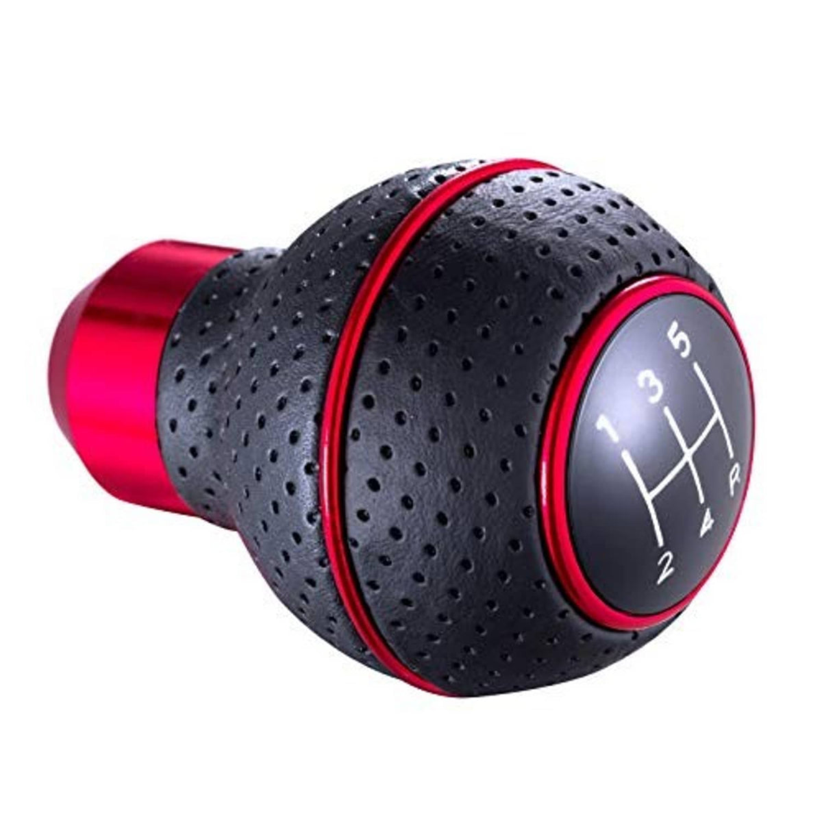 Side view of perforated black leather 5-speed shift knob with red trim and dial