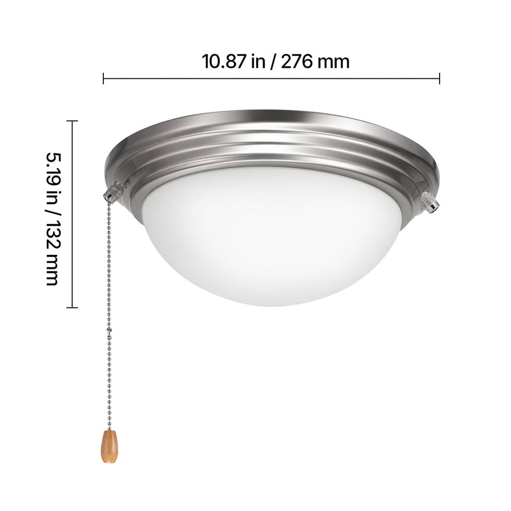 Silver flush ceiling light with frosted glass globe, pull chain, and size guide