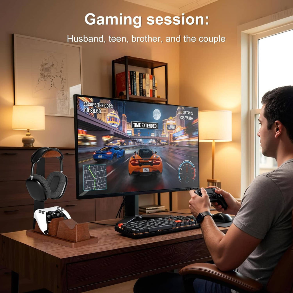 Wood headphone stand with two controller holders, central curved support for headset