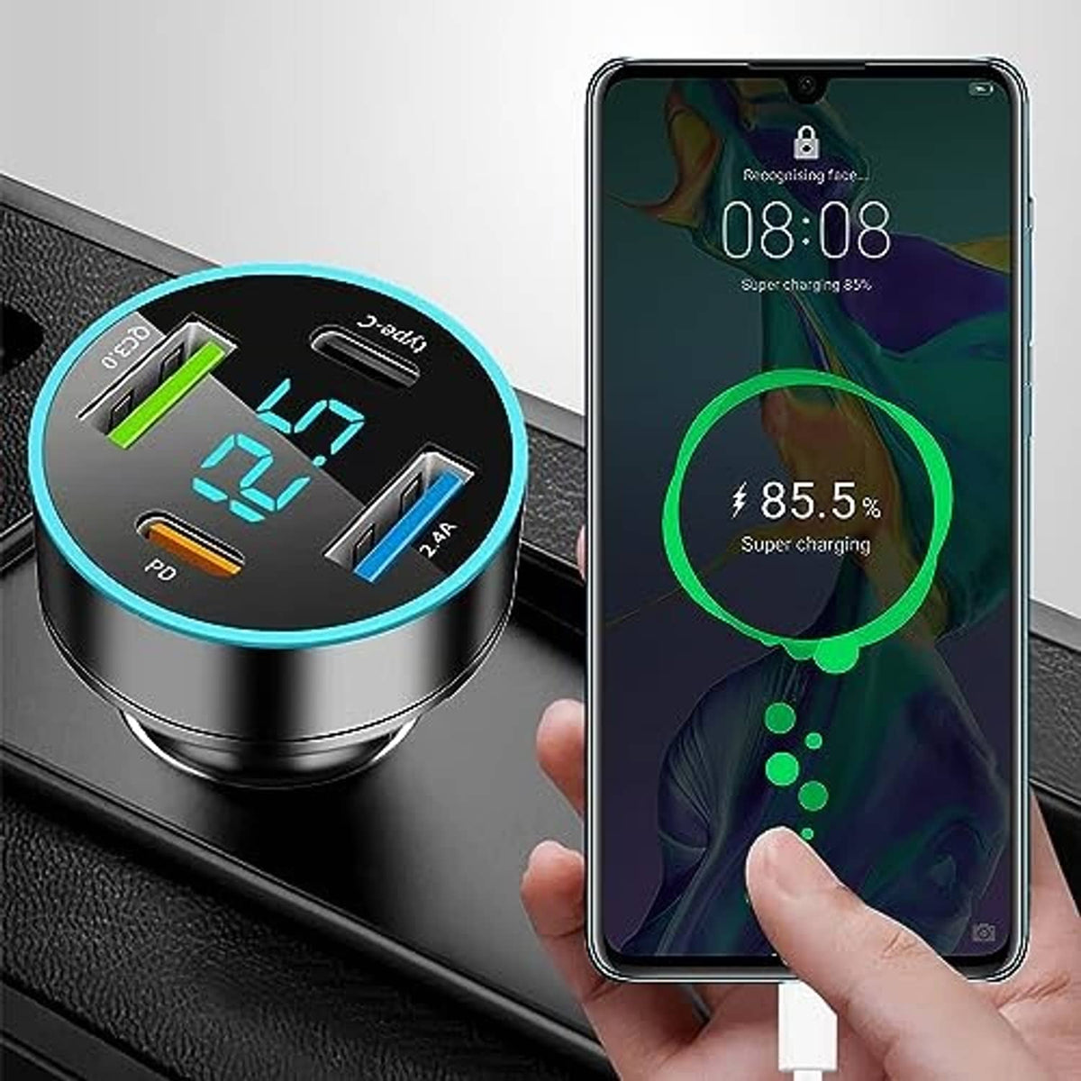 Black 4-port car charger with blue LED voltmeter display next to a smartphone charging