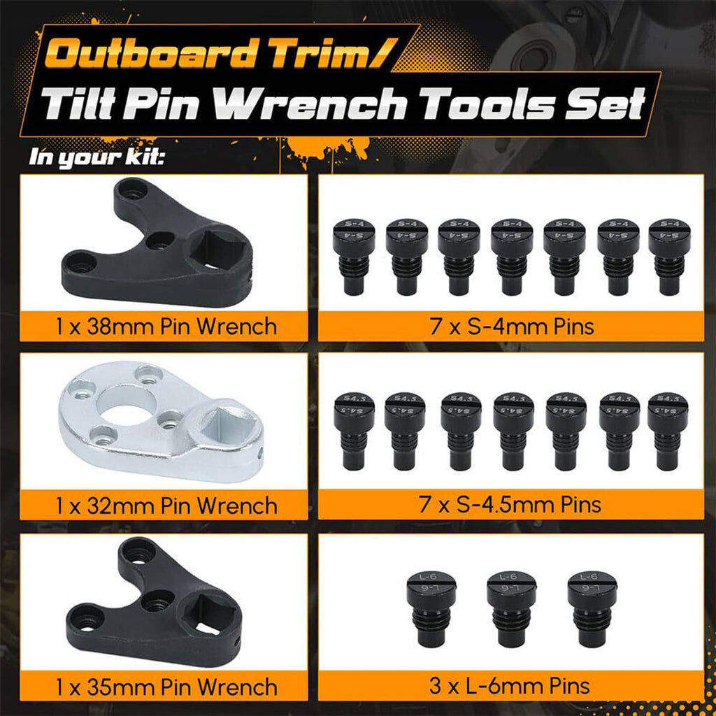 Outboard trim tilt pin wrench tools set with pin wrenches and multiple pin caps
