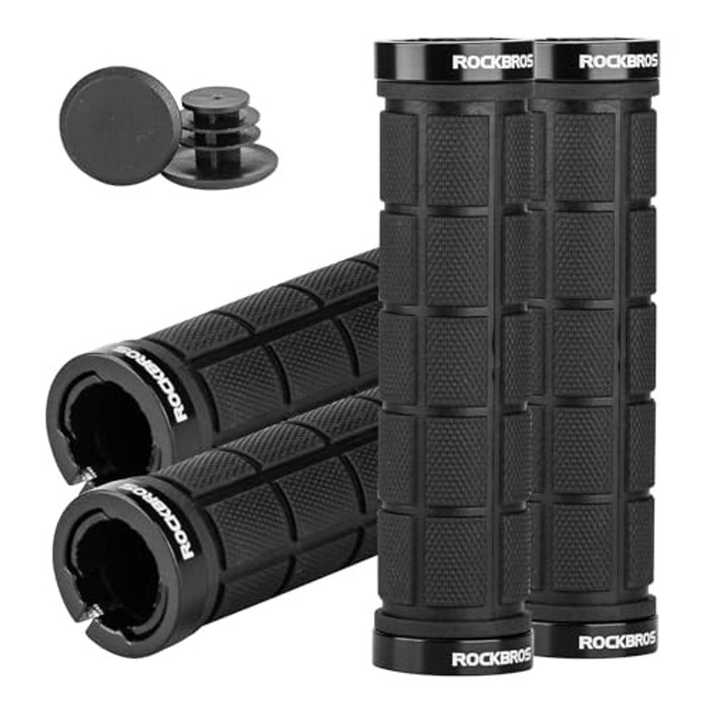 Black double-lock bike handlebar grips with textured rubber pattern and end caps