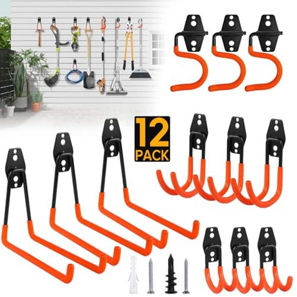 12-pack wall hooks with black plates, orange arms, and included mounting screws