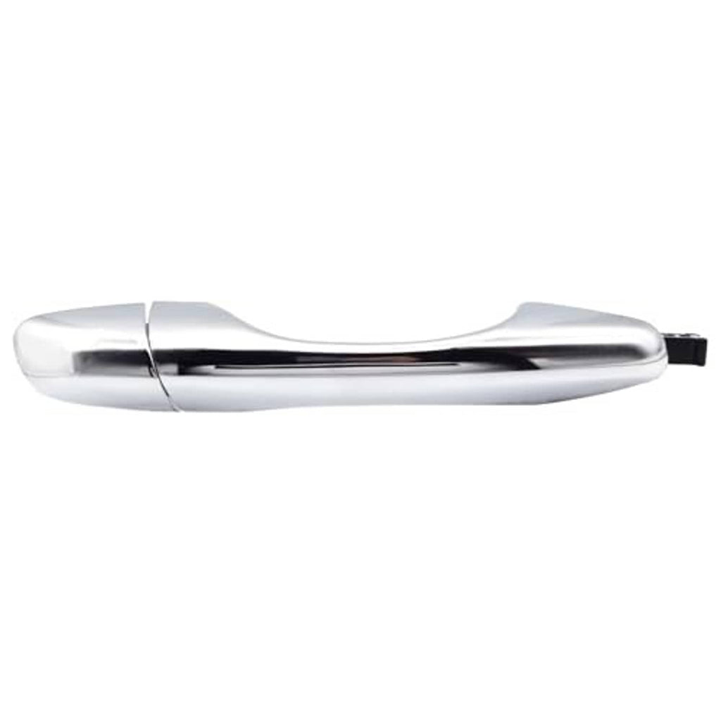Polished chrome exterior door handle with black mounting tab, front passenger side