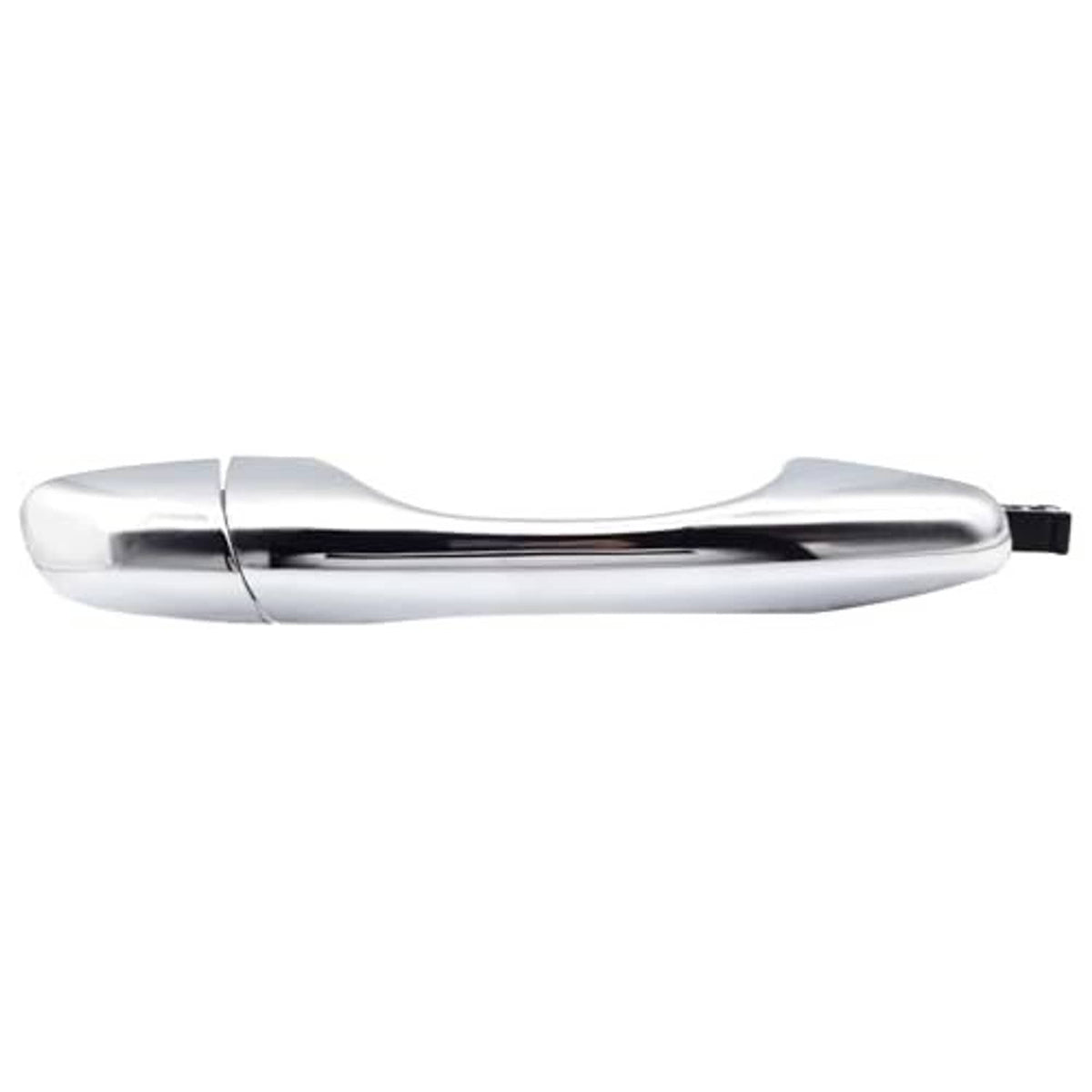 Polished chrome exterior door handle with black mounting tab, front passenger side