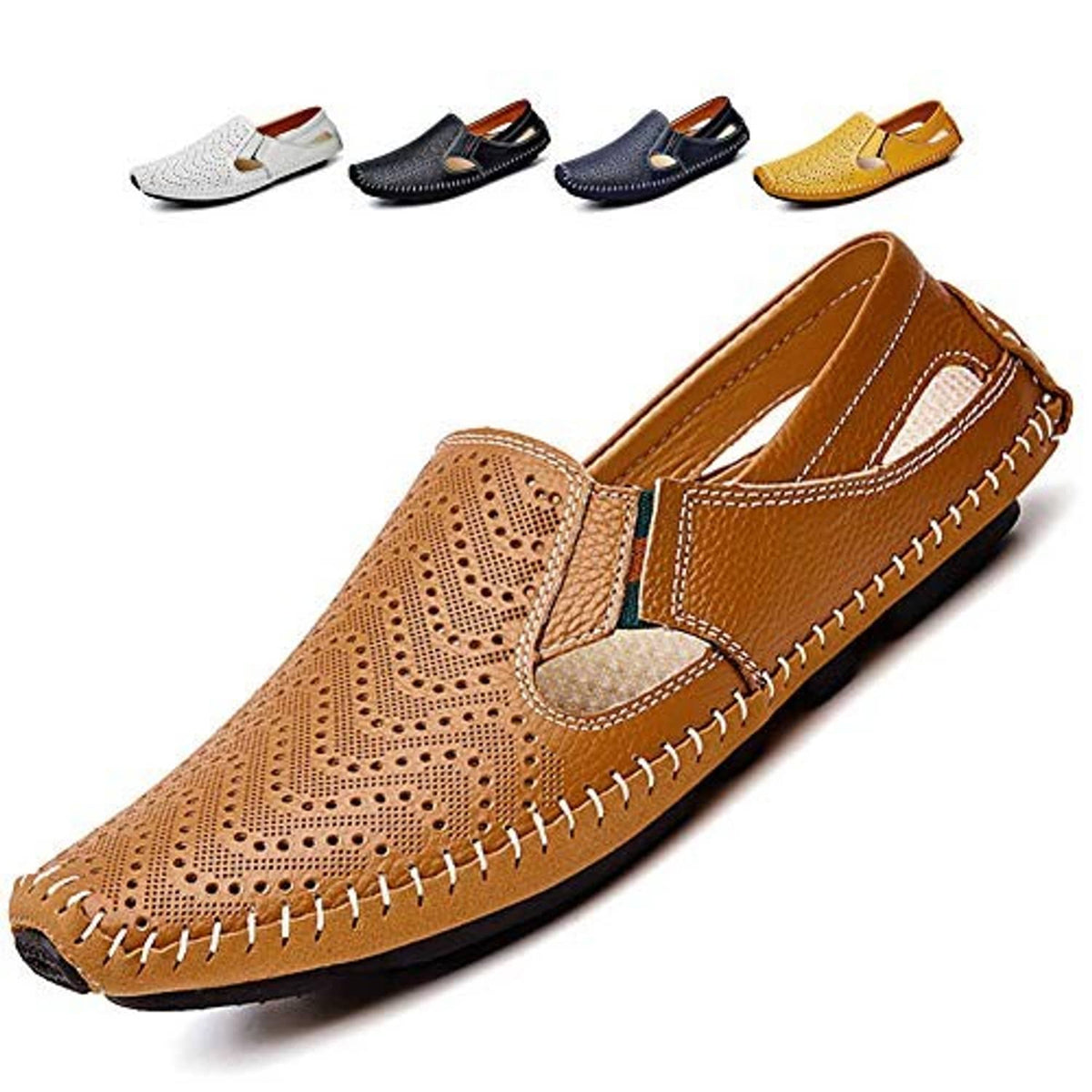 Men's tan brown leather slip-on driving loafers, perforated vamp and rubber sole