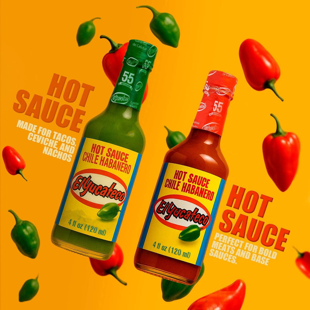 Two El Yucateco chile habanero hot sauce bottles, red and green, with 4 fl oz size