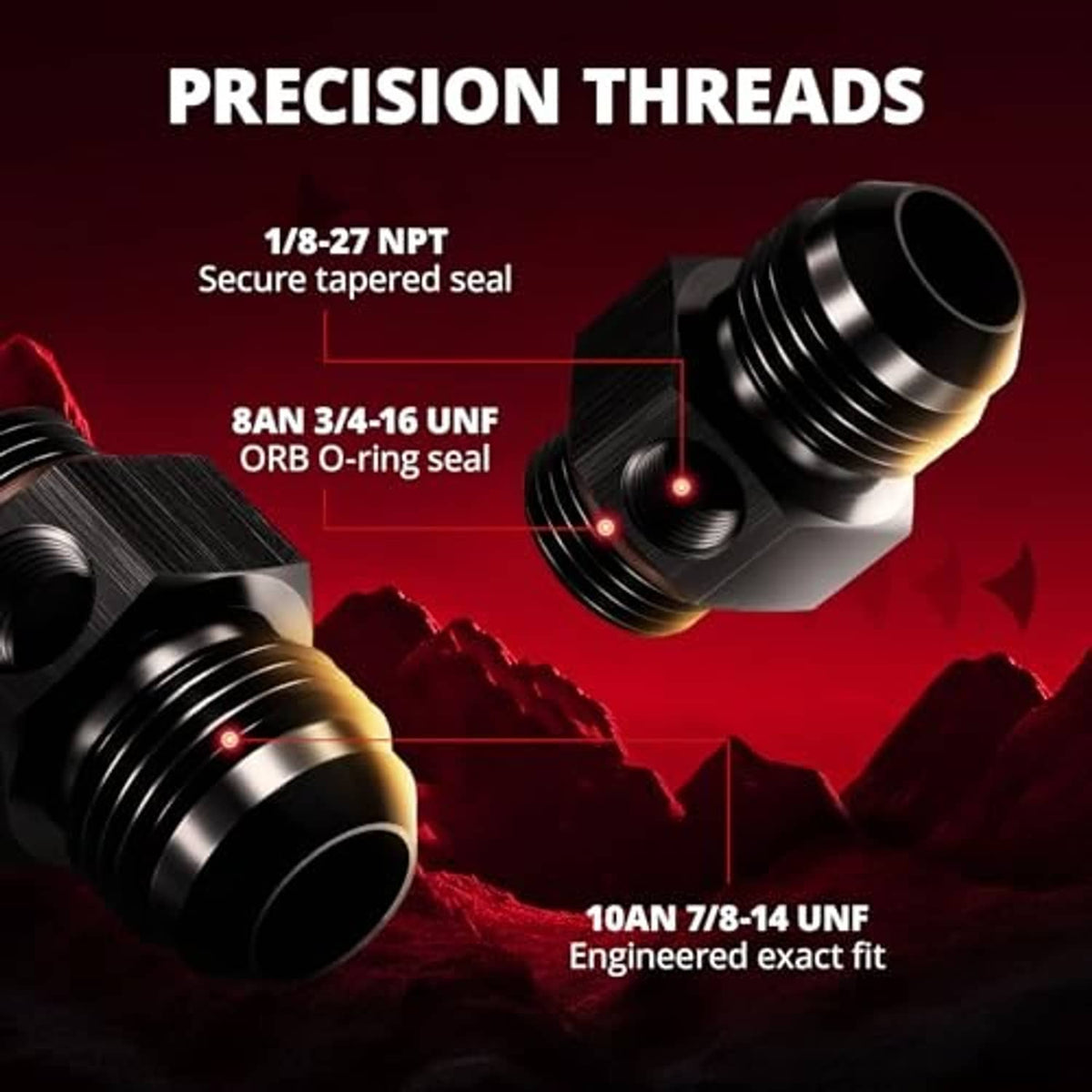 Black AN to ORB male adapter fitting with taper-threaded ends and gauge port