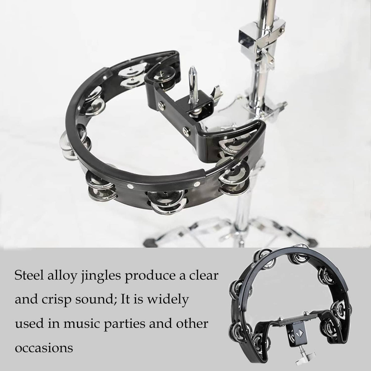Black tambourine with chrome jingles mounted on a drum stand