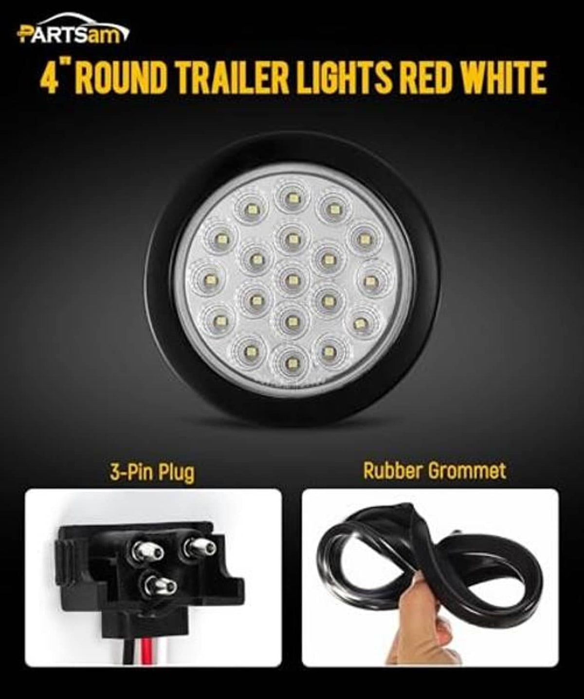 4-inch round LED trailer light with black housing, 3-pin plug and rubber grommet