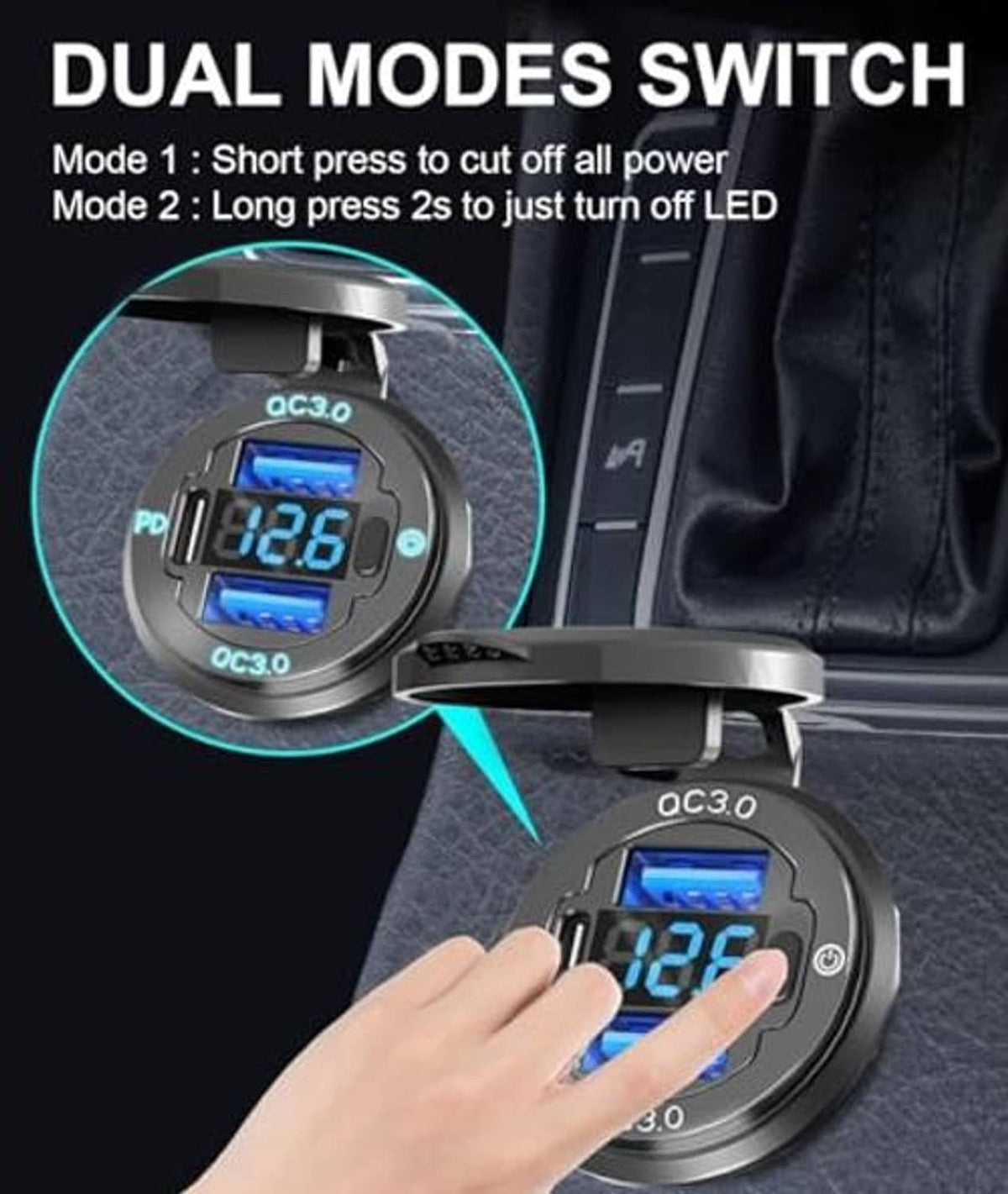 12V USB outlet module with QC3.0 switch, voltmeter display, blue LED charging indicator