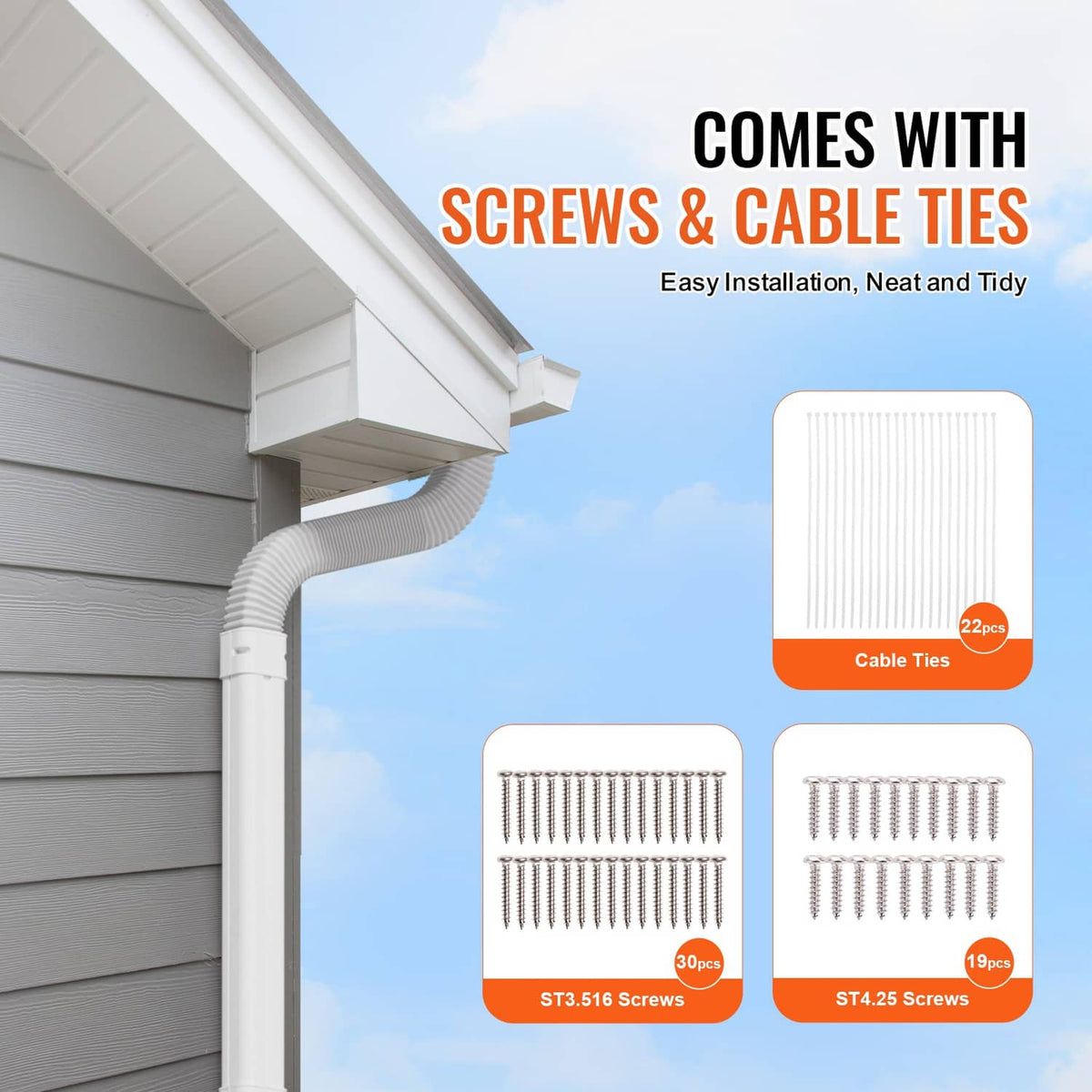 White PVC mini-split line set cover kit with screws and cable ties for mounting