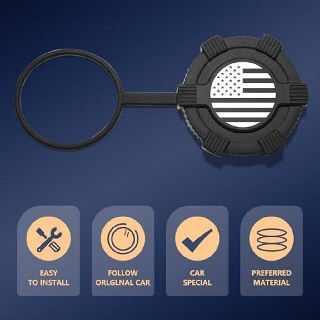 Black fuel tank dust cap with U.S. flag face, separate rubber ring, and handle