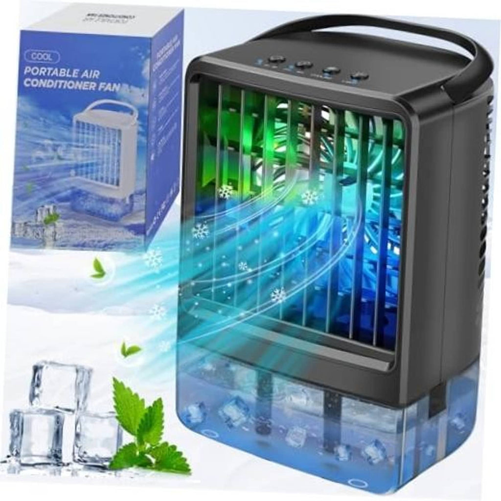 Dark black portable air conditioner cooling fan with front viewing window and top buttons