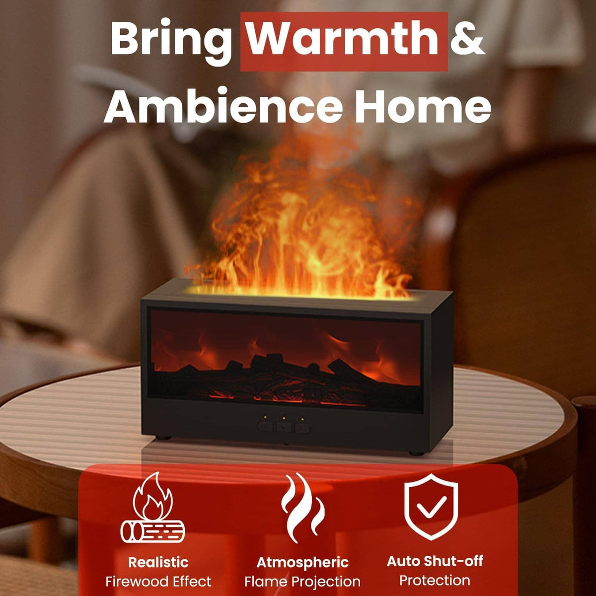 Black tabletop flame diffuser humidifier with orange flame projection and warm mist