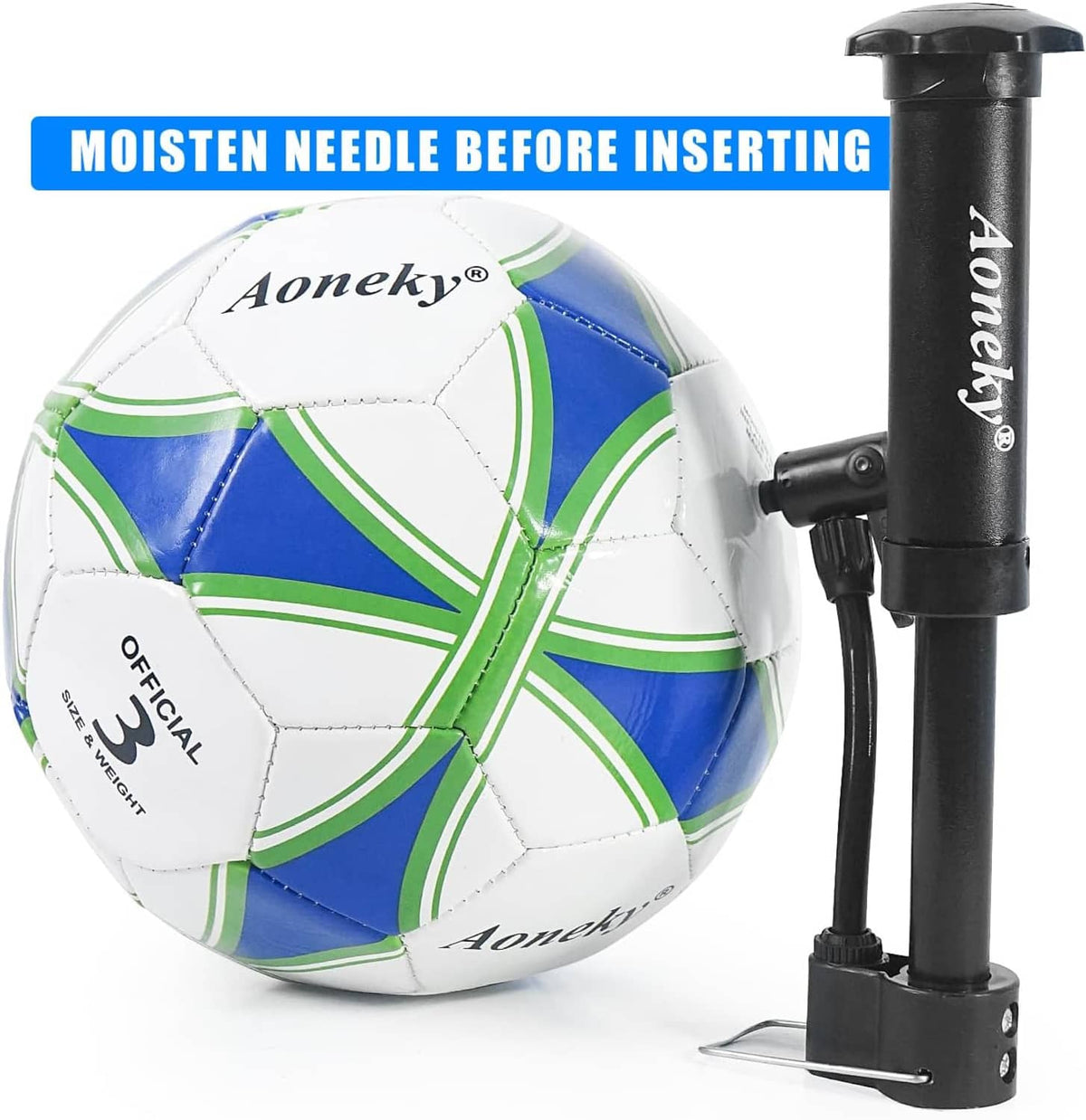 Soccer ball with upright air pump, white with blue and lime-green stripe panels