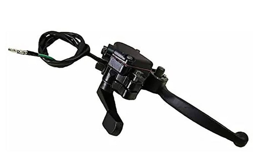 Black thumb throttle lever with dual brake levers and bundled wiring cables