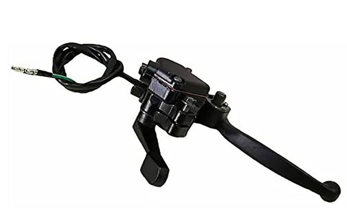 Black thumb throttle lever with dual brake levers and bundled wiring cables